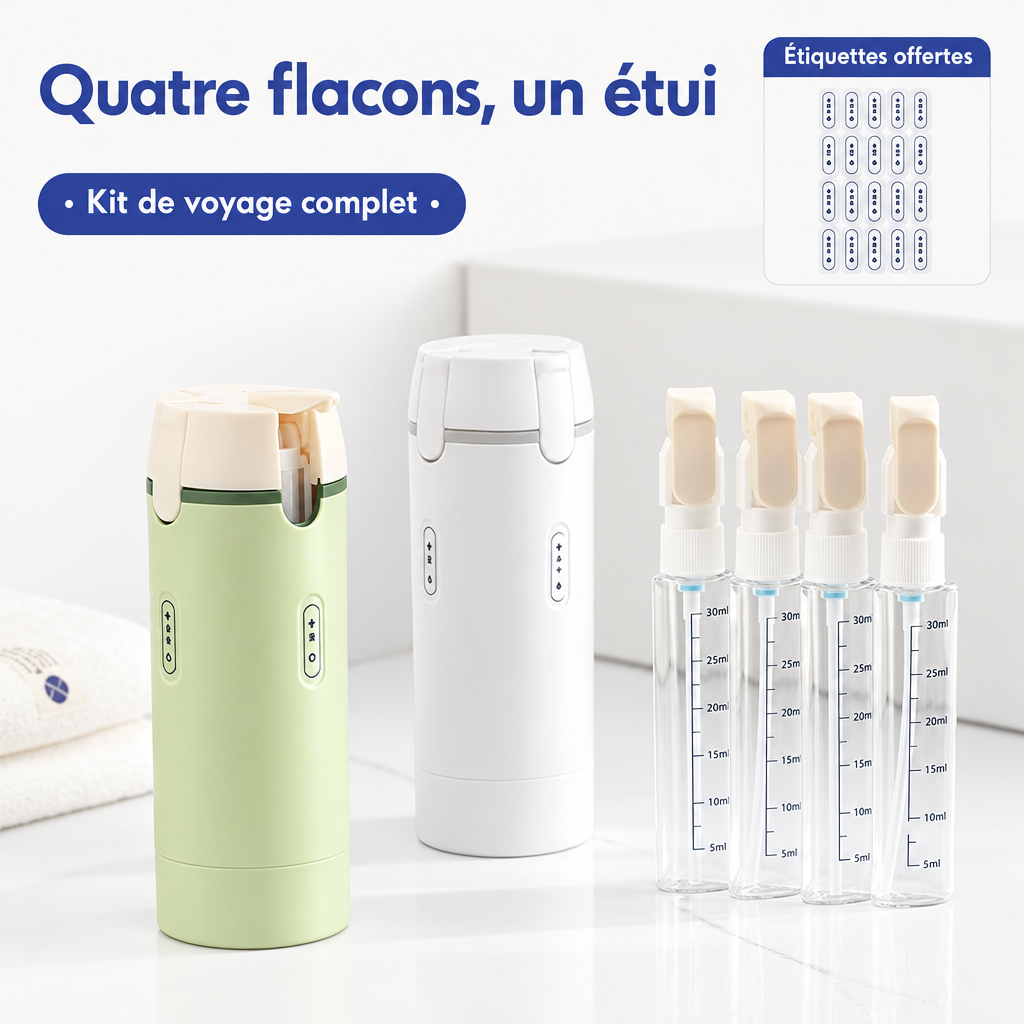 Étuis vert et blanc et quatre flacons de voyage avec planche d'étiquettes