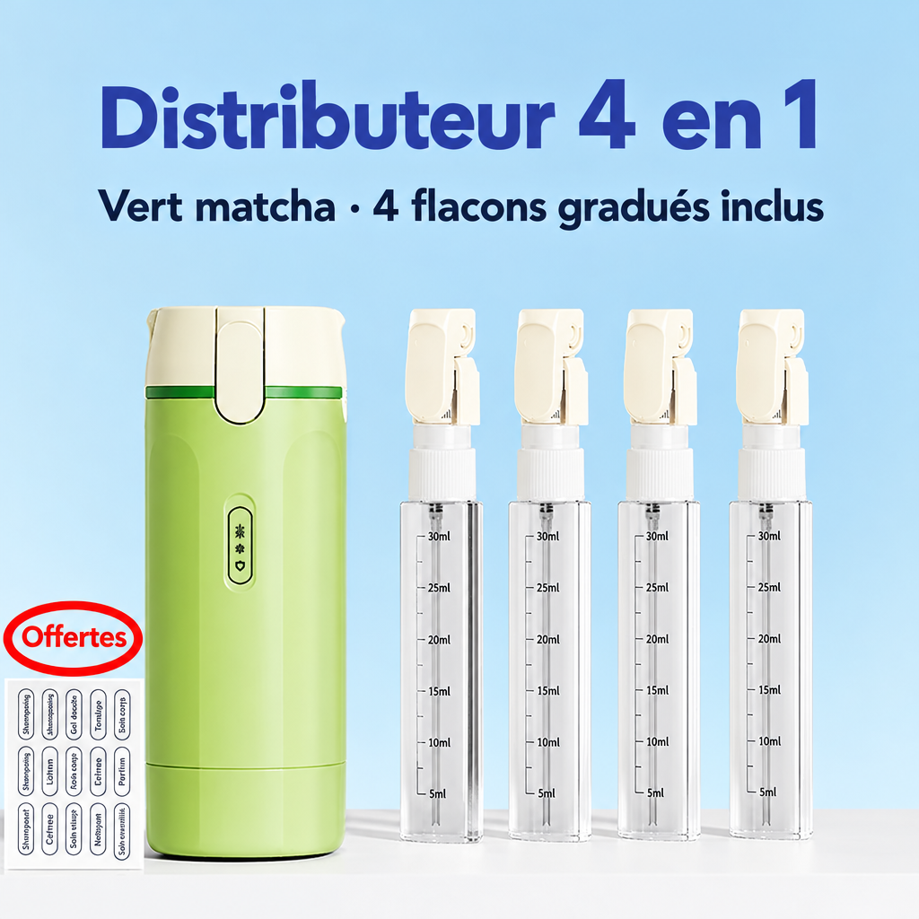 Distributeur de voyage 4 en 1 vert matcha avec ses quatre flacons gradués