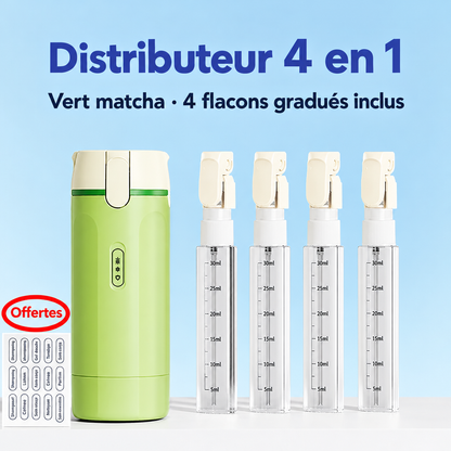 Distributeur de voyage 4 en 1 vert matcha avec ses quatre flacons gradués