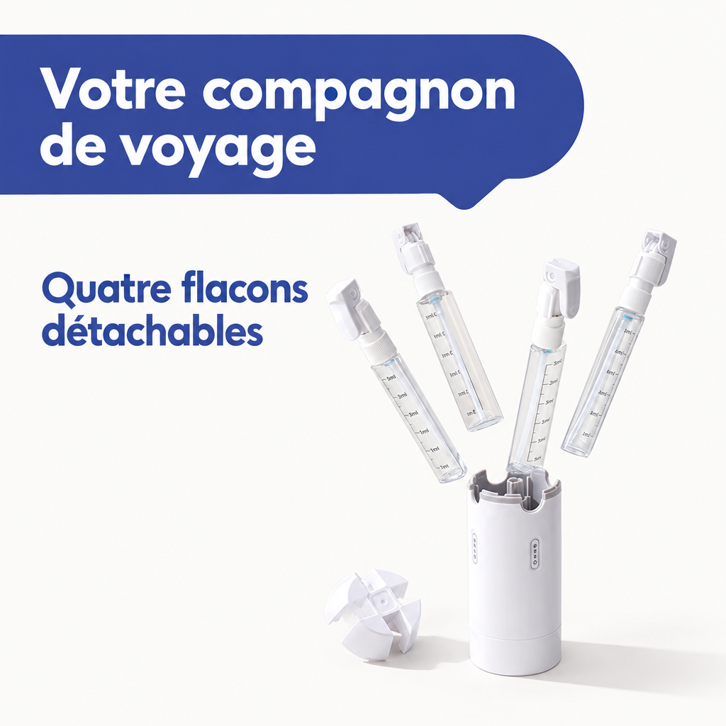 Quatre flacons à tête pompe sortis de l'étui blanc