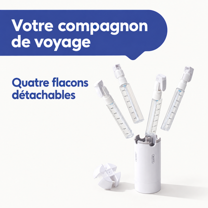 Quatre flacons à tête pompe sortis de l'étui blanc