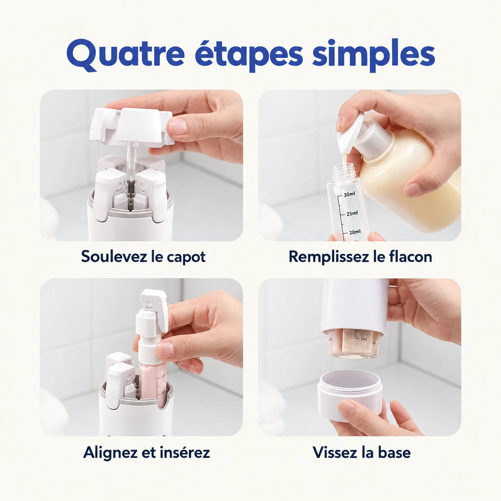 Quatre étapes de remplissage d'un flacon de voyage avec légendes