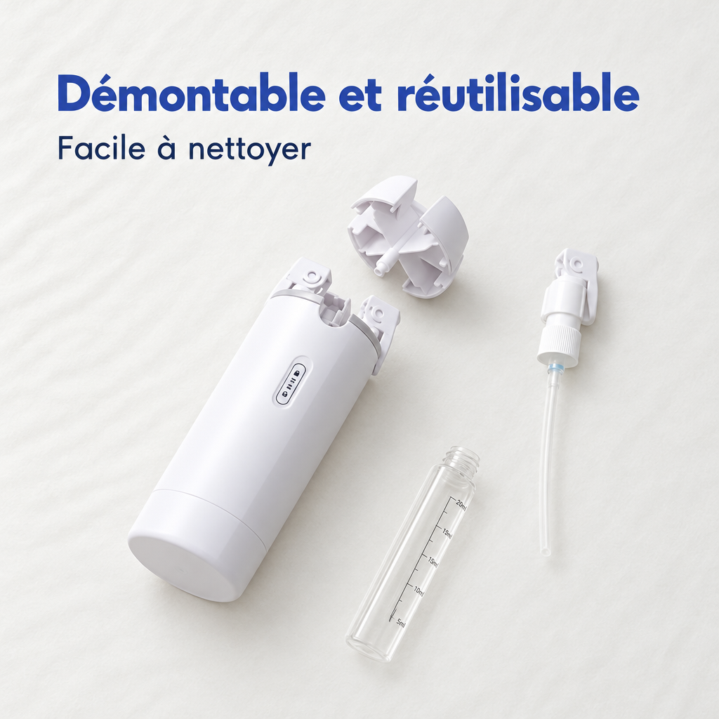 Étui démonté avec ses pièces, un flacon et sa pompe posés sur un drap blanc