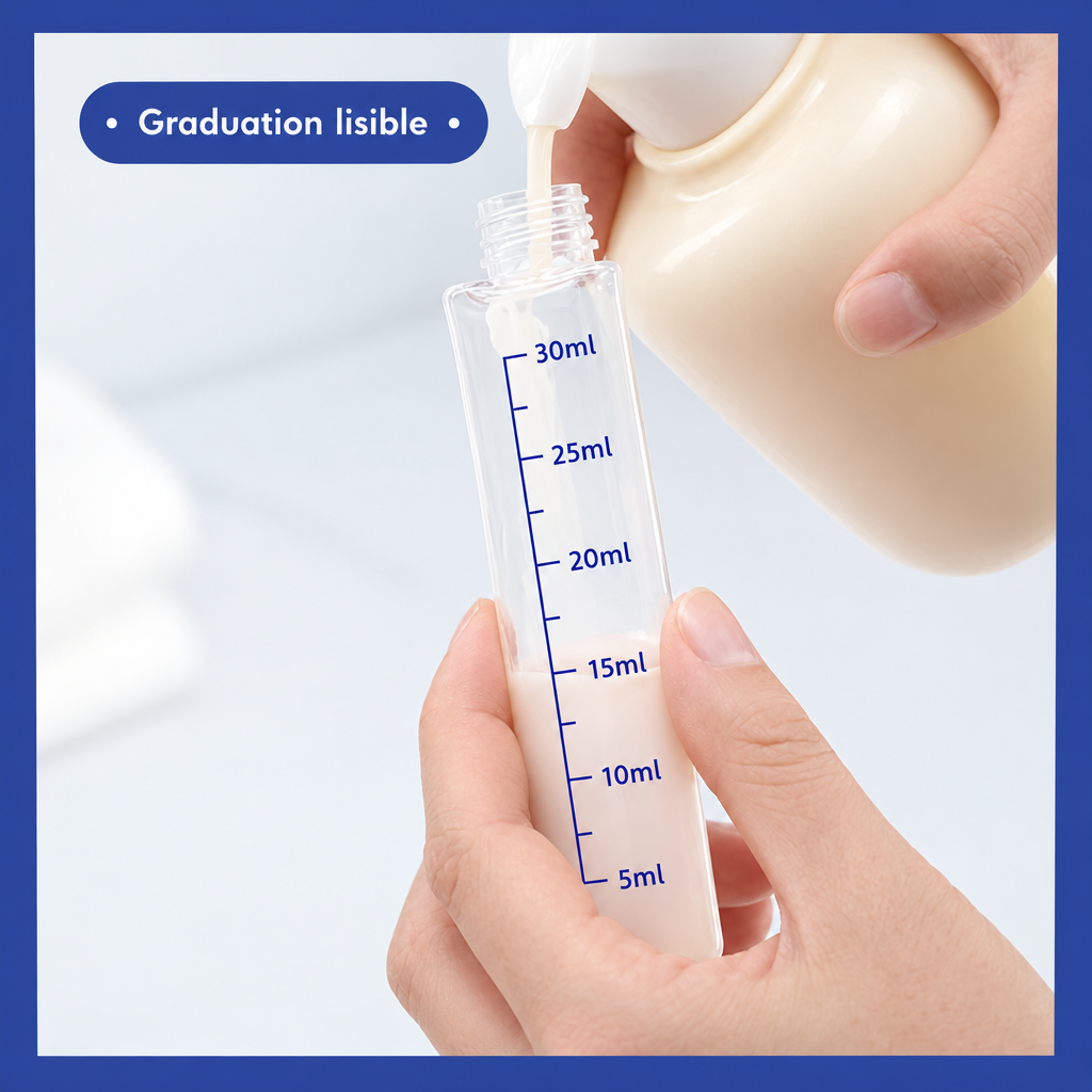 Main versant un soin dans un flacon gradué jusqu'à 30 ml