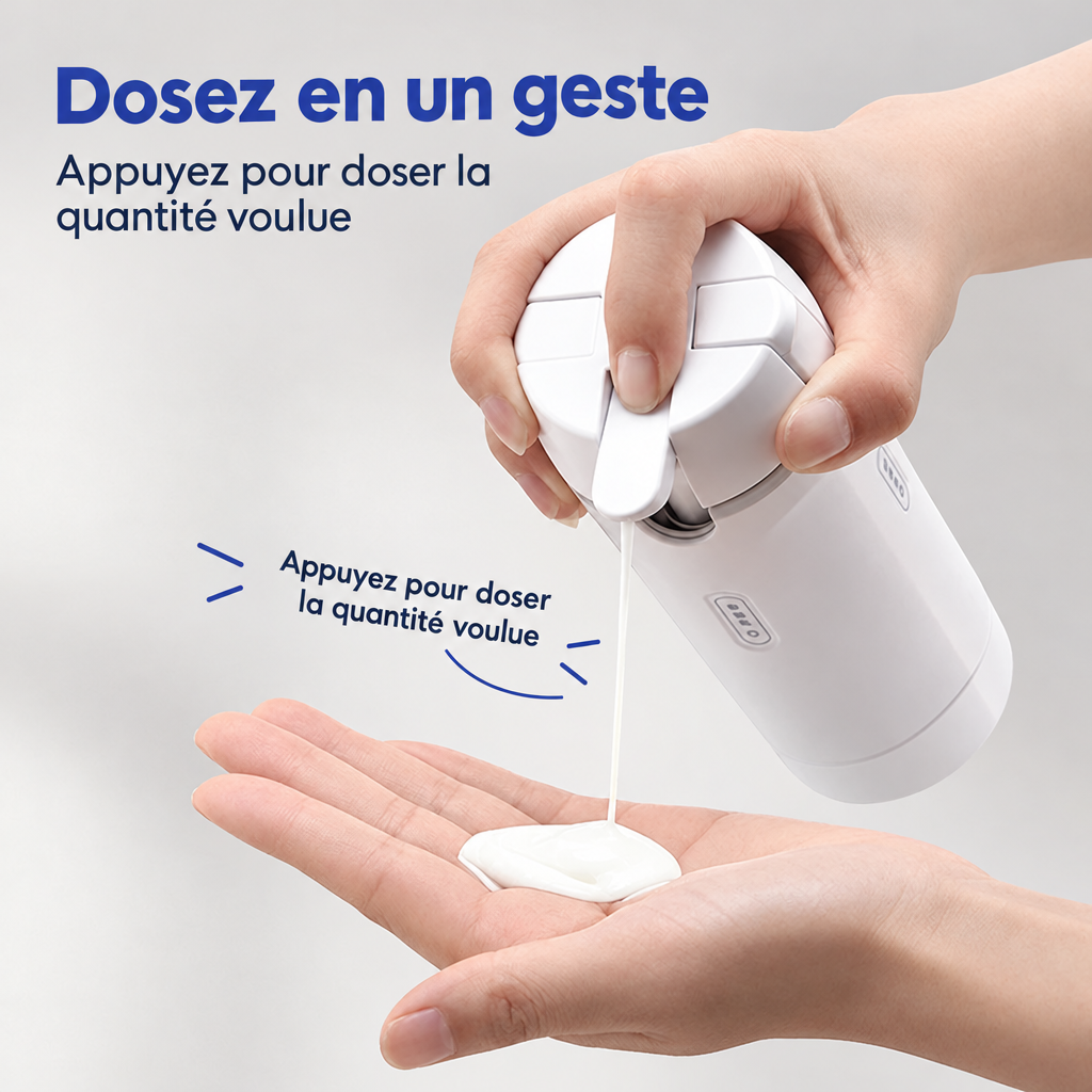 Main appuyant sur la tête pompe de l'étui pour doser un soin dans la paume