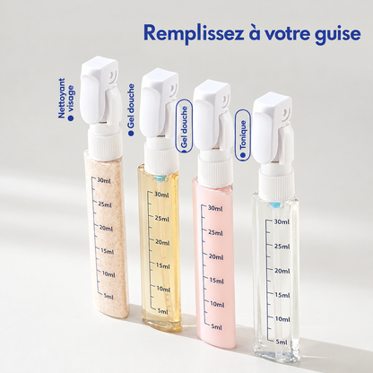 Quatre flacons gradués remplis de soins de couleurs différentes avec leurs légendes