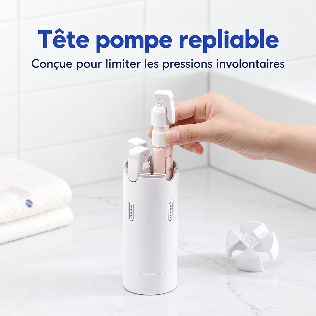 Main sortant un flacon à tête pompe repliable de l'étui blanc