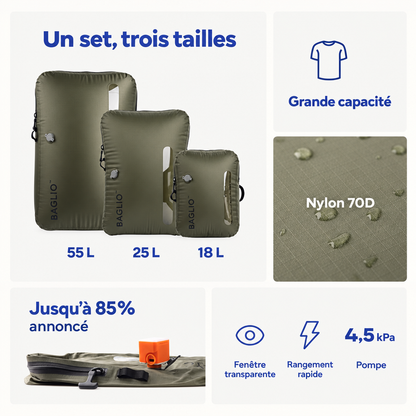Les trois sacs de compression de 55, 25 et 18 L avec la pompe et leurs principales caractéristiques