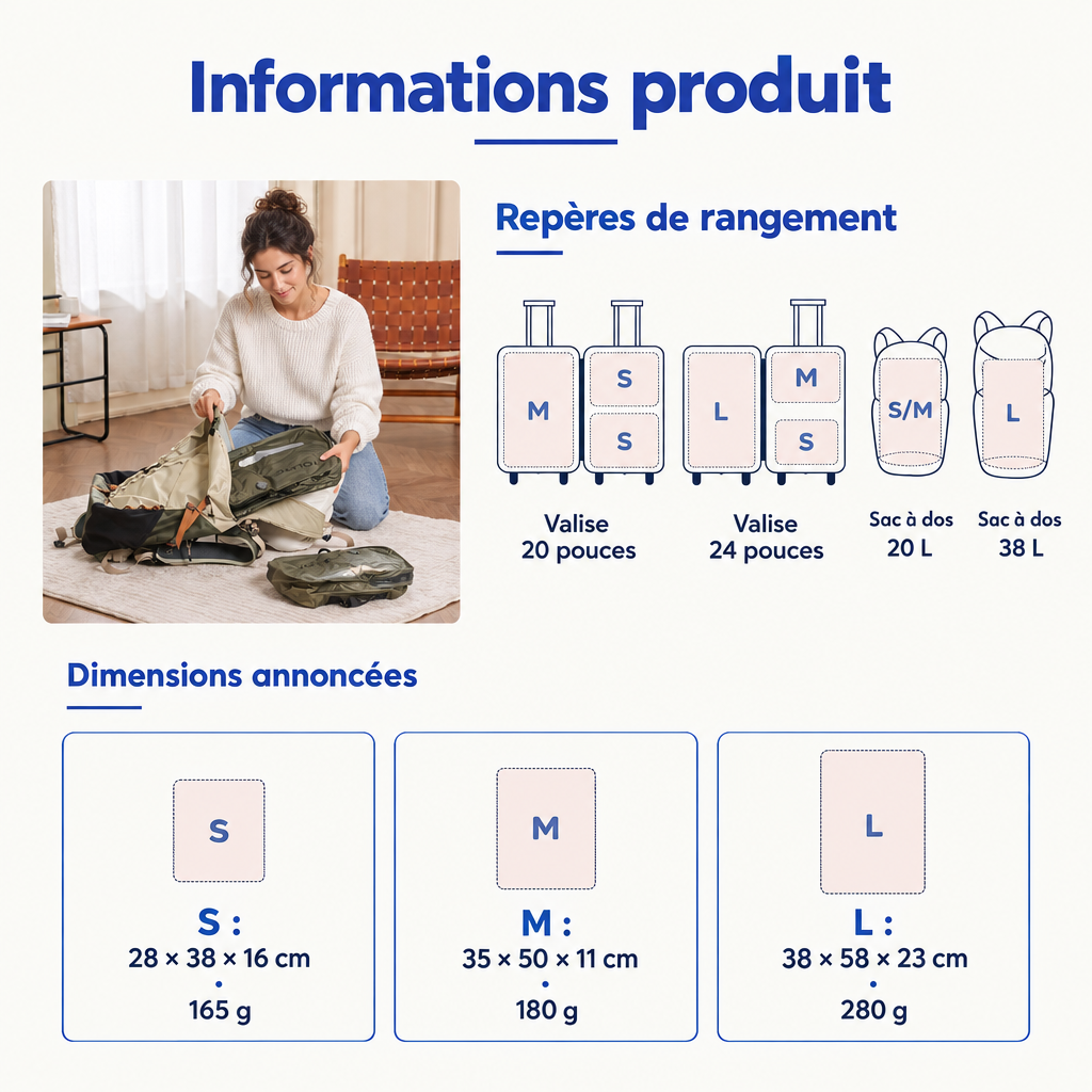 Informations produit : dimensions et poids des trois sacs et repères de rangement en valise et sac à dos