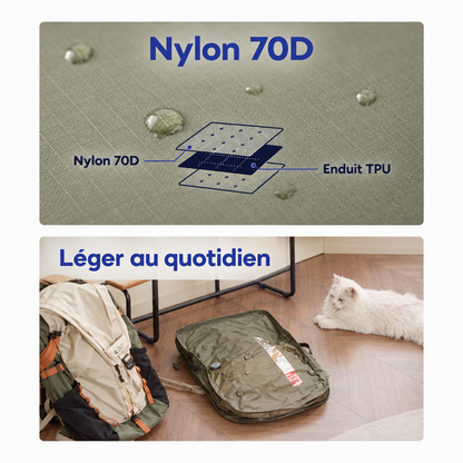 Tissu nylon 70D enduit TPU en gros plan et sac vert kaki posé près d'un sac à dos
