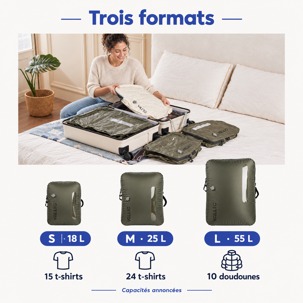 Les trois formats de sacs, 18, 25 et 55 L, avec leur capacité annoncée en t-shirts et doudounes