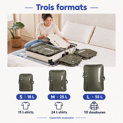 Les trois formats de sacs, 18, 25 et 55 L, avec leur capacité annoncée en t-shirts et doudounes