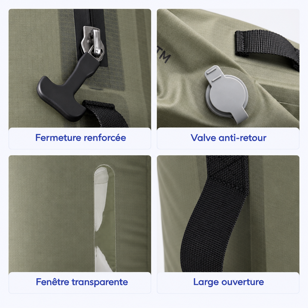 Détails du sac : fermeture renforcée, valve anti-retour, fenêtre transparente et large ouverture