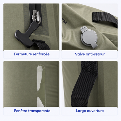 Détails du sac : fermeture renforcée, valve anti-retour, fenêtre transparente et large ouverture