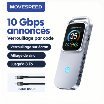 Boîtier SSD AC10 argenté à écran tactile avec son câble USB-C