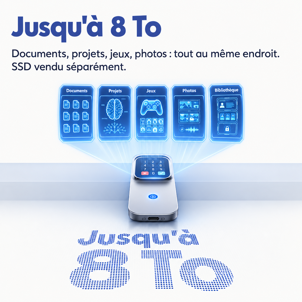 Boîtier SSD portable compatible jusqu'à 8 To posé devant une bibliothèque de fichiers