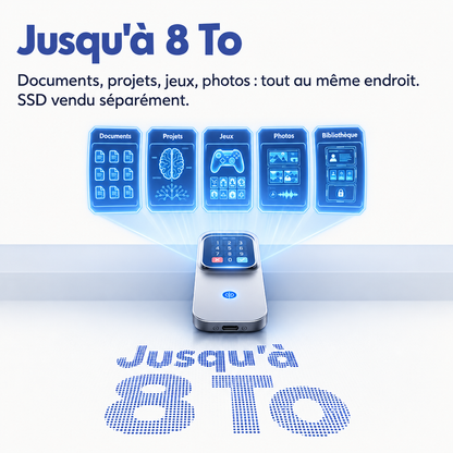 Boîtier SSD portable compatible jusqu'à 8 To posé devant une bibliothèque de fichiers