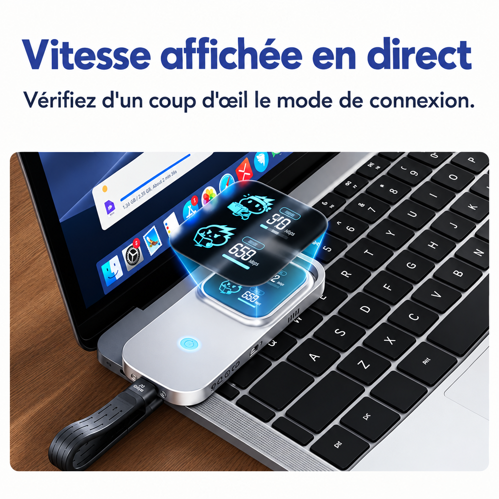 Boîtier SSD branché à un ordinateur portable, vitesse de connexion affichée à l'écran