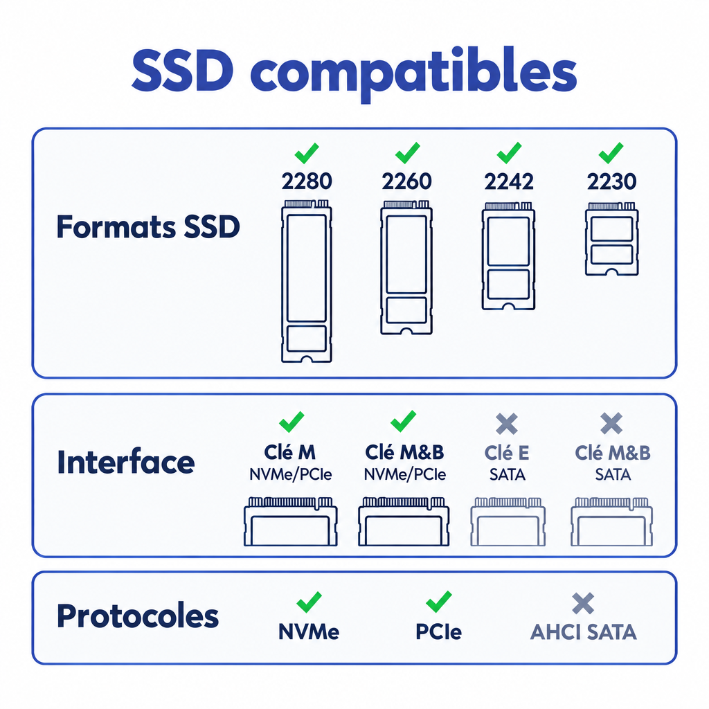 Tableau des formats, interfaces et protocoles de SSD compatibles avec le boîtier