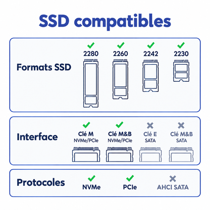 Tableau des formats, interfaces et protocoles de SSD compatibles avec le boîtier