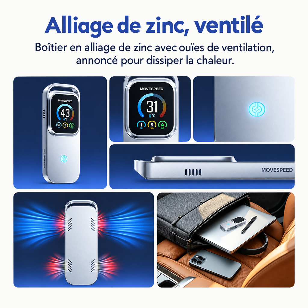 Boîtier SSD en alliage de zinc, vues de face, de profil et dans un sac