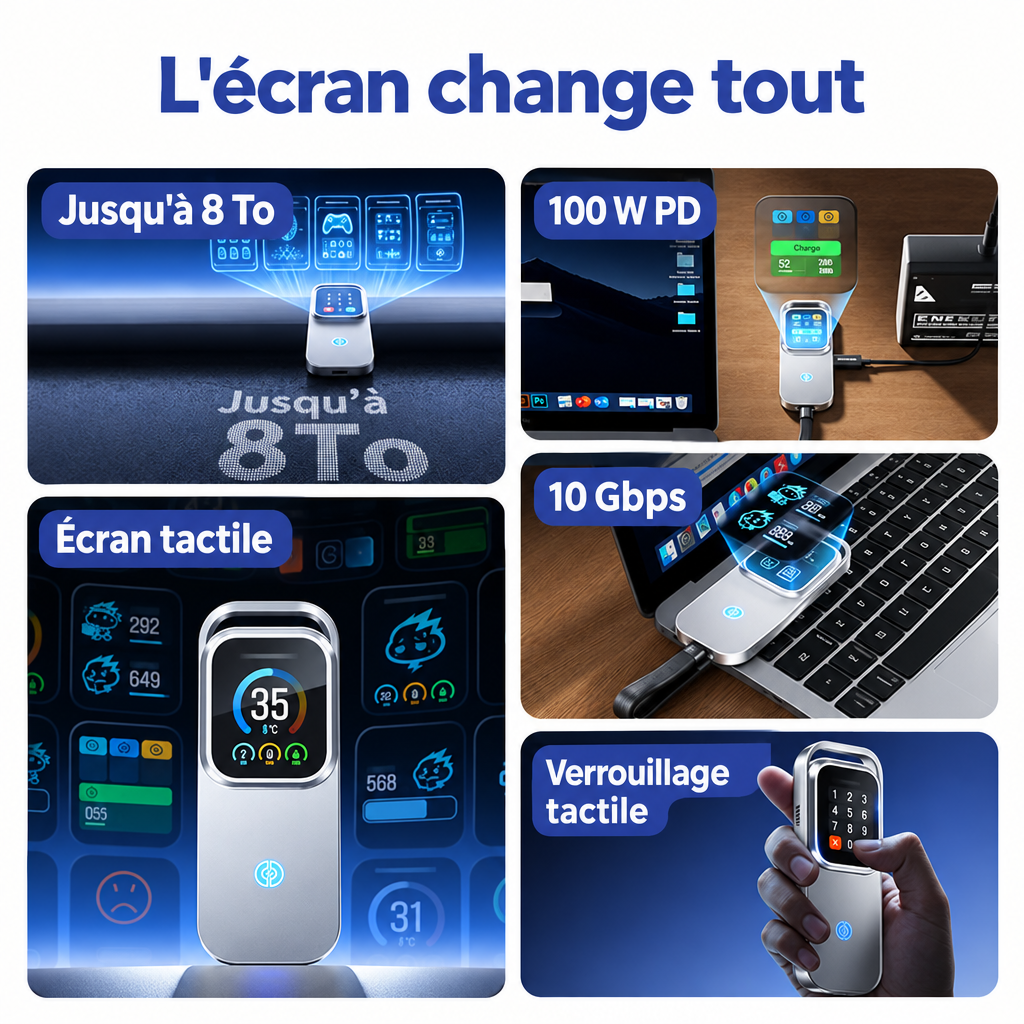 Récapitulatif des atouts du boîtier SSD : 8 To, 100 W, 10 Gbps, écran tactile et verrouillage