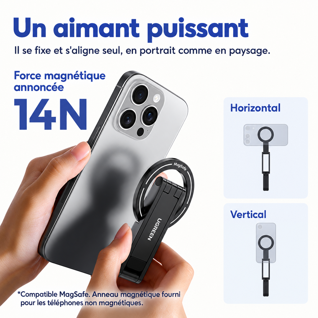 Trépied magnétique Ulanzi MA60 fixé au dos d'un téléphone, force magnétique annoncée 14 N, portrait et paysage