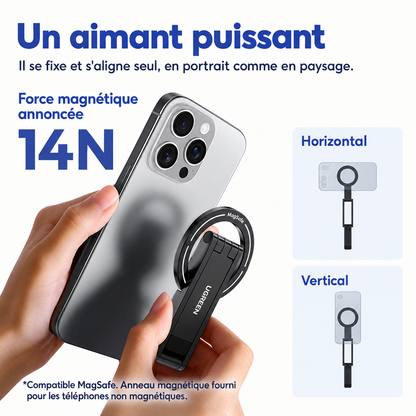 Trépied magnétique Ulanzi MA60 fixé au dos d'un téléphone, force magnétique annoncée 14 N, portrait et paysage
