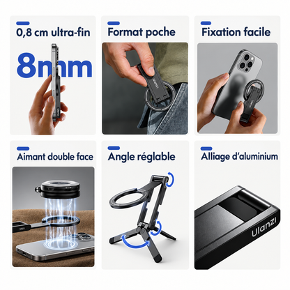 Six atouts du trépied Ulanzi MA60 : ultra-fin, format poche, fixation facile, double face, angle réglable, alliage d'aluminium