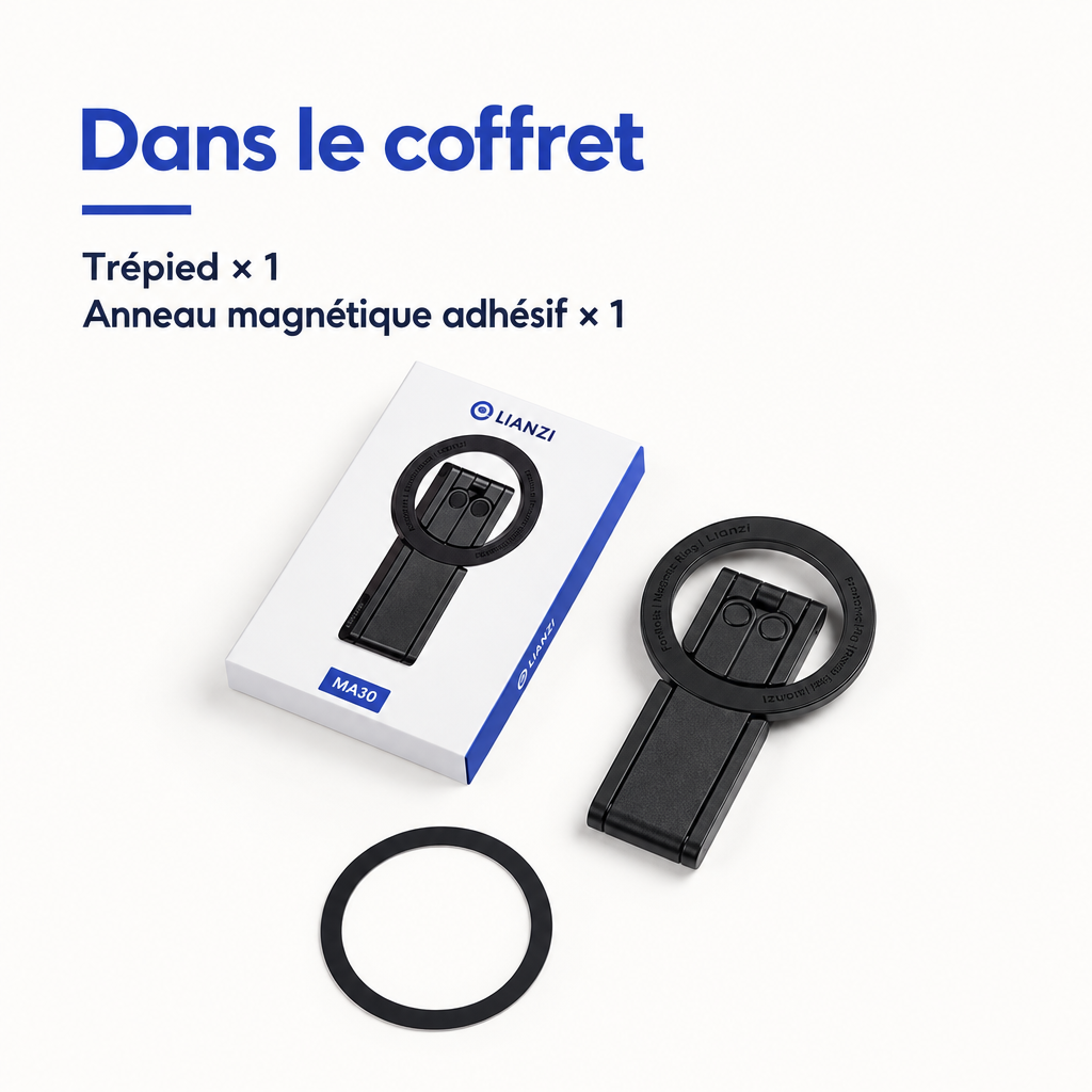 Contenu du coffret : trépied Ulanzi MA60 et anneau magnétique adhésif