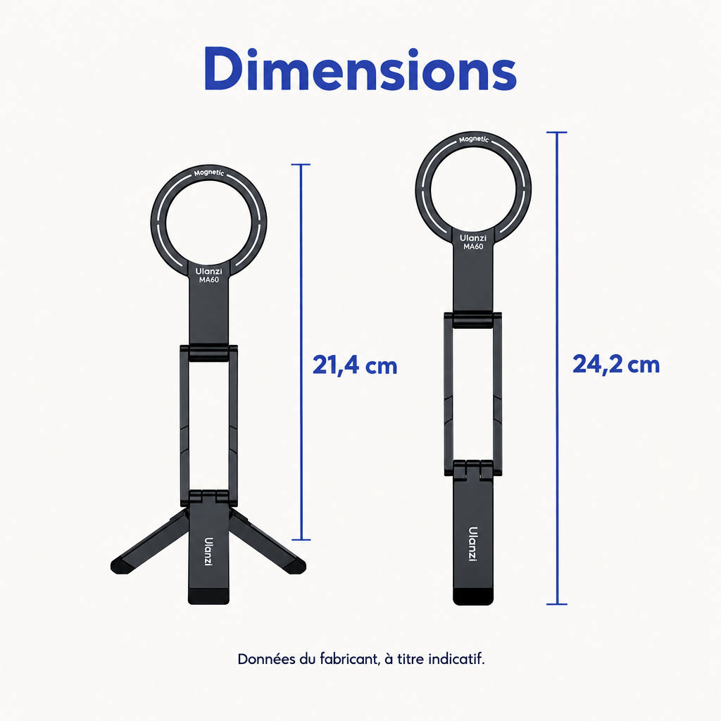 Dimensions du trépied Ulanzi MA60 déplié : 21,4 cm et 24,2 cm
