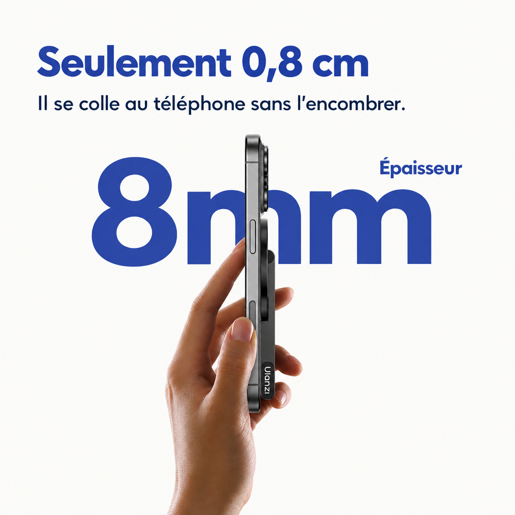 Épaisseur de 8 mm du trépied magnétique Ulanzi MA60 collé à un téléphone