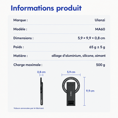Informations produit du trépied Ulanzi MA60 : dimensions, poids, matière, charge maximale