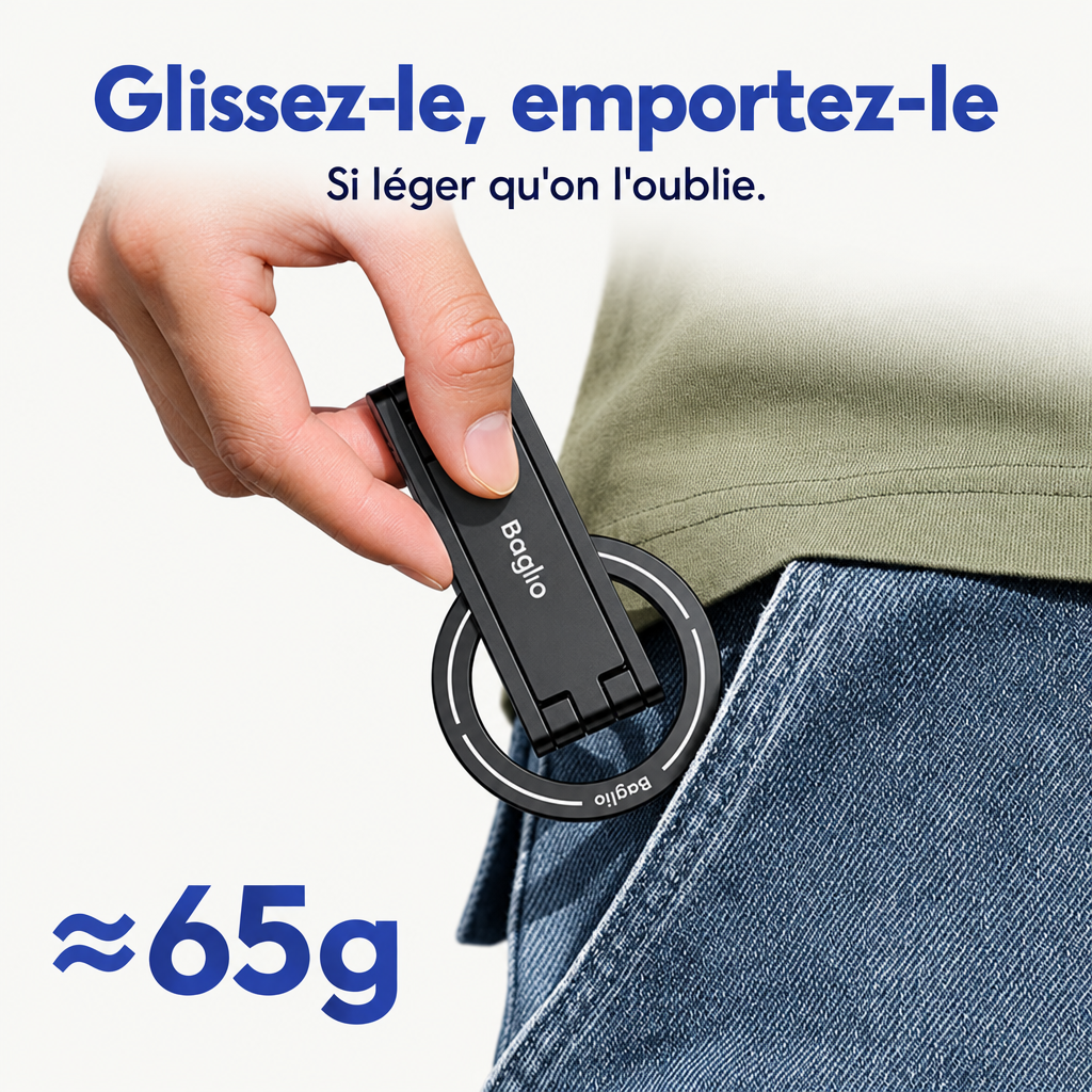 Trépied magnétique pliable Ulanzi MA60 glissé dans une poche de jean, poids annoncé environ 65 g