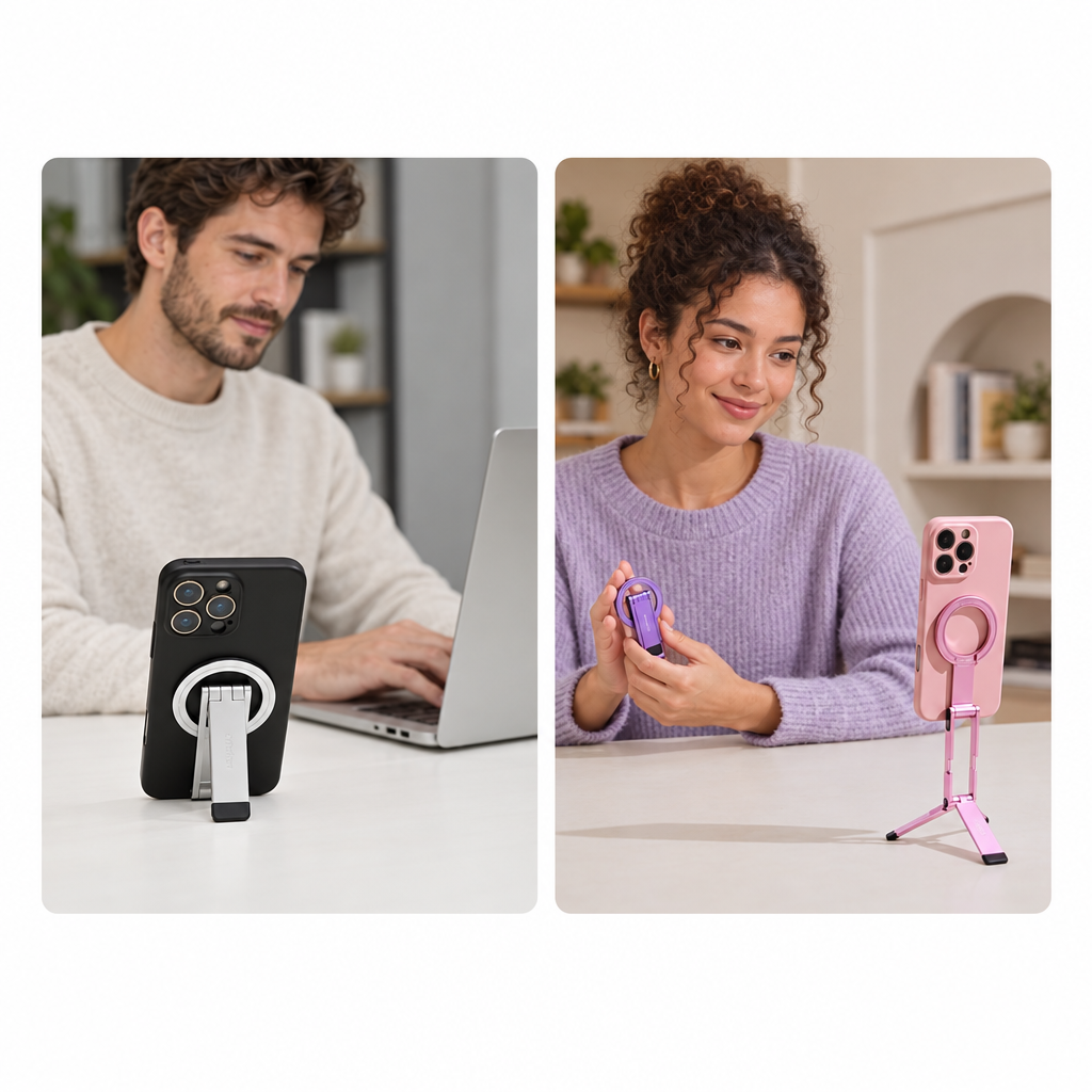Téléphone sur trépied magnétique Ulanzi MA60 posé près d'un ordinateur portable