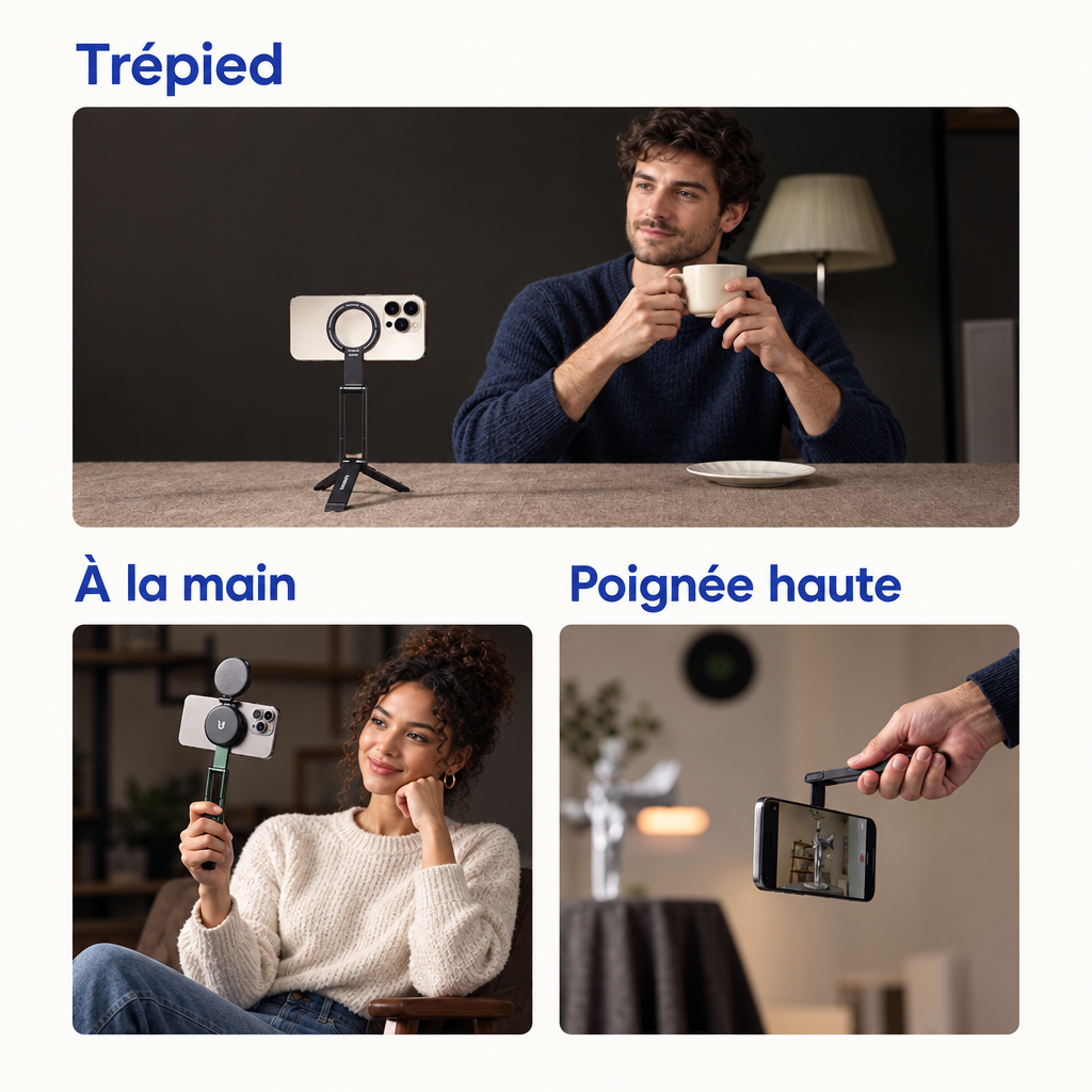 Trois usages du trépied Ulanzi MA60 : trépied, à la main, poignée haute